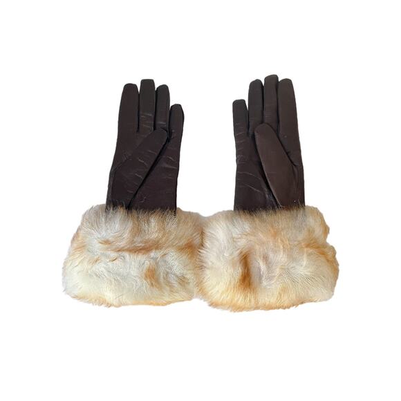 1970s Jordan Marsh Chocolate Brown Leather & Fox Fur Cuffs Women's Formal Gloves - Picture 2 of 8